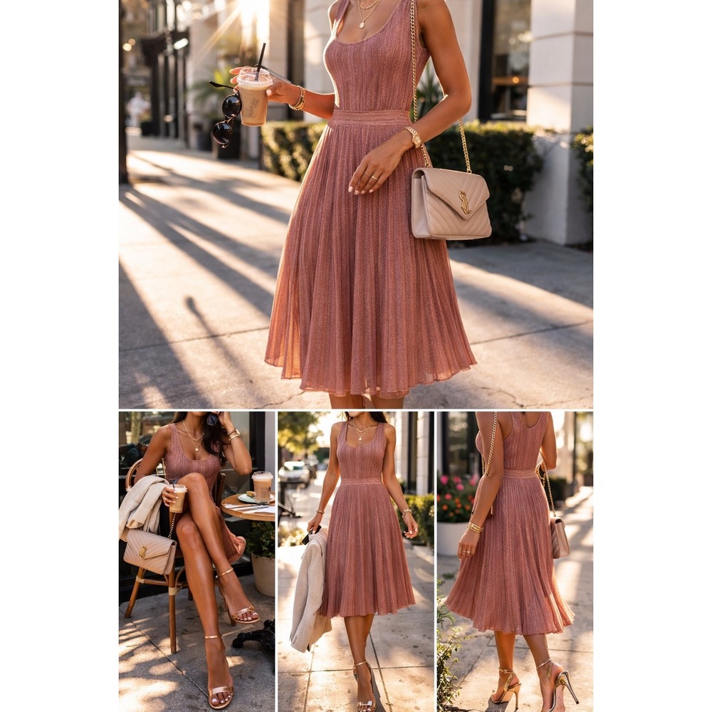 Sandro A-Line Dress Womens Medium Rose Gold Metallic Pleated Knit Scoop Neck Med
